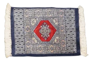 Hand-Knotted Decorative Tablecloth with Fine Pattern in Dark Blue and Red Colours