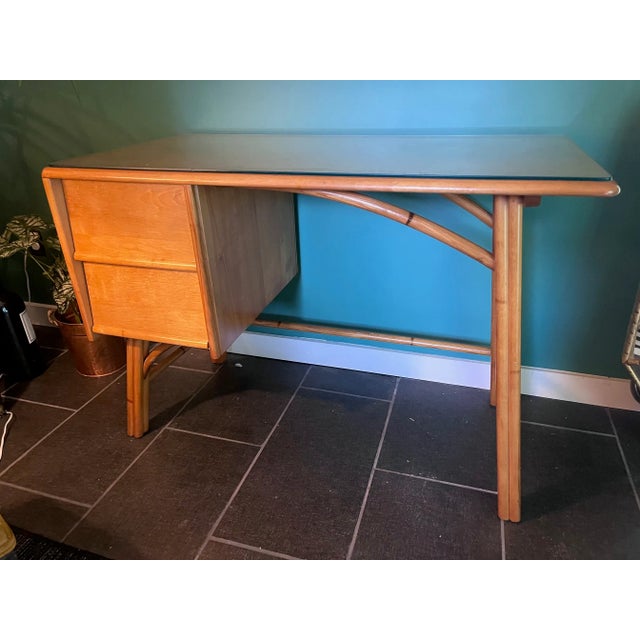 Wonderful 1950's solid New England ash wood or birch & bamboo two drawer desk by Heywood Wakefield, from their Ashcraft...