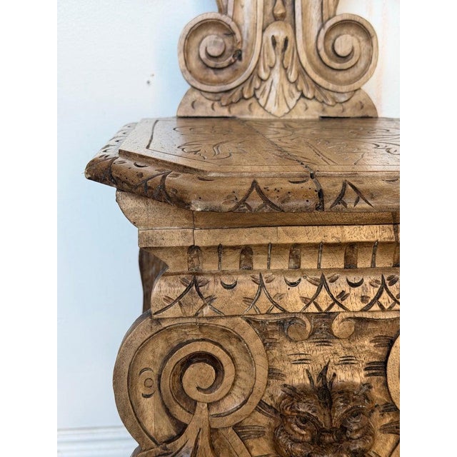 Camel Pair of 19th C. Italian Renaissance Sgabello Hall Chairs - Heavily Carved Walnut For Sale - Image 8 of 18