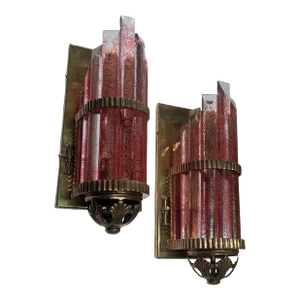 Vintage Art Deco Skyscraper Metro Light Wall Sconces in Copper Red Cameo Glass - a Pair