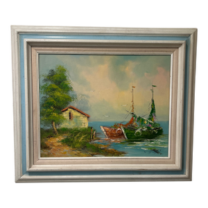 Vintage Oil Painting on Canvas Coastal Scene W/ Boats and House by C. Gibbs Framed