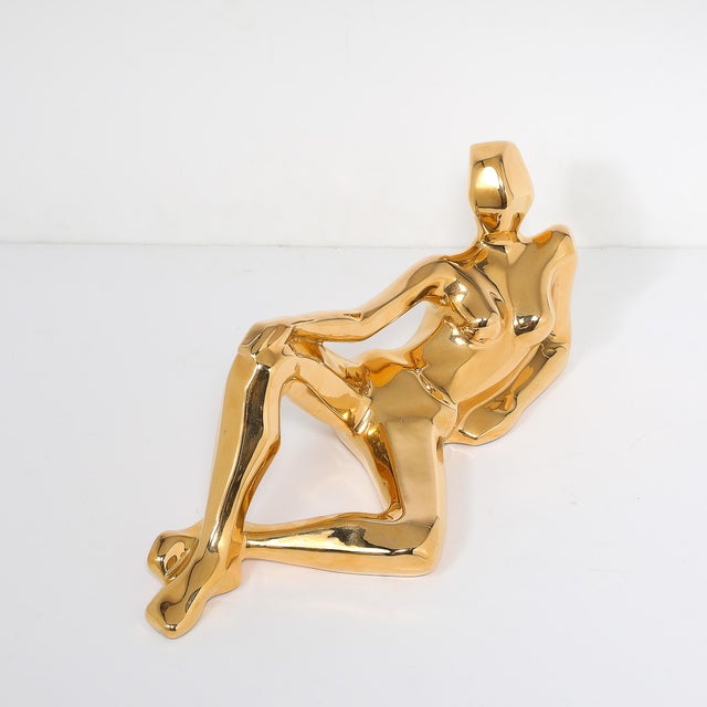 Mid-Century Gold-Plated Ceramic Sculpture of a Reclining Woman Signed Jaru For Sale - Image 12 of 12