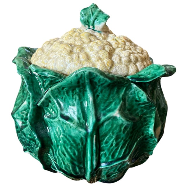 A delightful antique French cauliflower soup tureen, rendered in vibrant majolica ceramic with a richly modeled green...