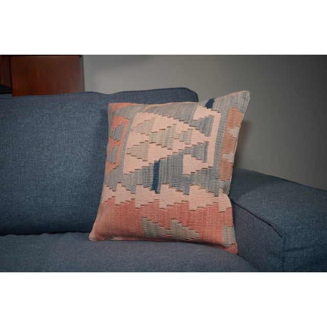 Textile Soft Pastel Kilim Pillow – 16x16 Vintage Handwoven Geometric Cover For Sale - Image 7 of 11
