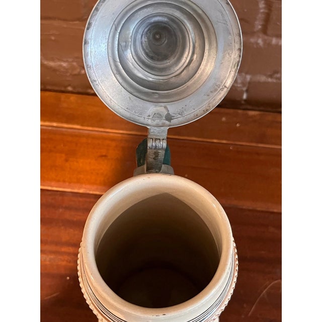 Vintage German Beer Stein Pewter Lid Relief Green & White 14" For Sale - Image 4 of 6