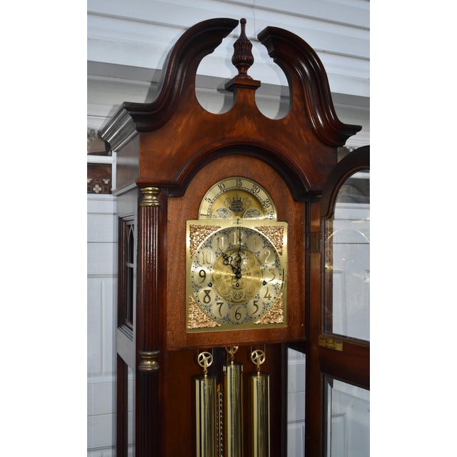 Howard Miller Mahogany Grandfather Clock Triple Chime Mechanical Floor Clock 80s For Sale - Image 13 of 16