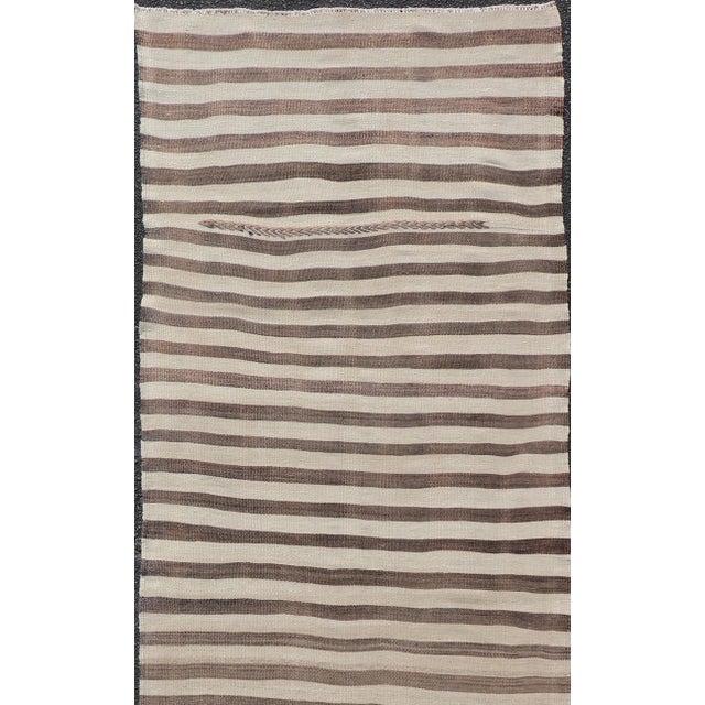 Vintage Turkish Kilim Runner Brown Stripe Ivory Neutral Wool Flatweave For Sale - Image 4 of 12