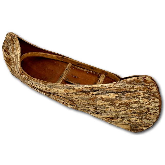 Excellent Large Size Antique Hand Made Maine Indian Tree Bark Canoe Model - 22 Inches Long For Sale In Boston - Image 6 of 18
