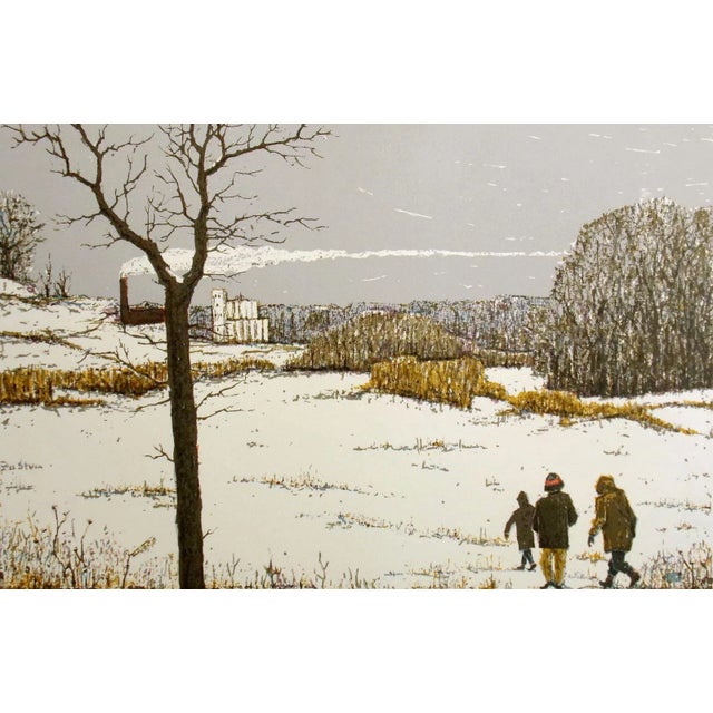 Tom Bartek "December Snow Three Figures" Winter Hand Signed Art Serigraph,1975 For Sale