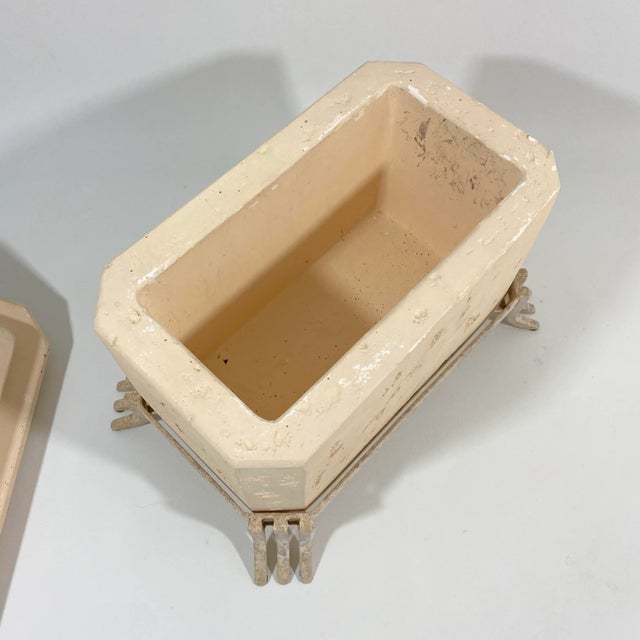 Champagne Postmodern Faux Travertine Ceramic Box With Metal Stand and Handle For Sale - Image 8 of 13