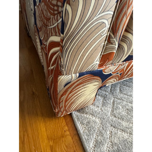 Late 20th Century Custom Three-Seat Sofa in Terracotta and Indigo Art Deco Revival Pattern For Sale - Image 10 of 12