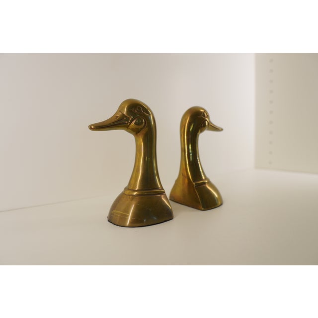 1980s Vintage Brass Mallard Duck Head Bookends For Sale - Image 5 of 12