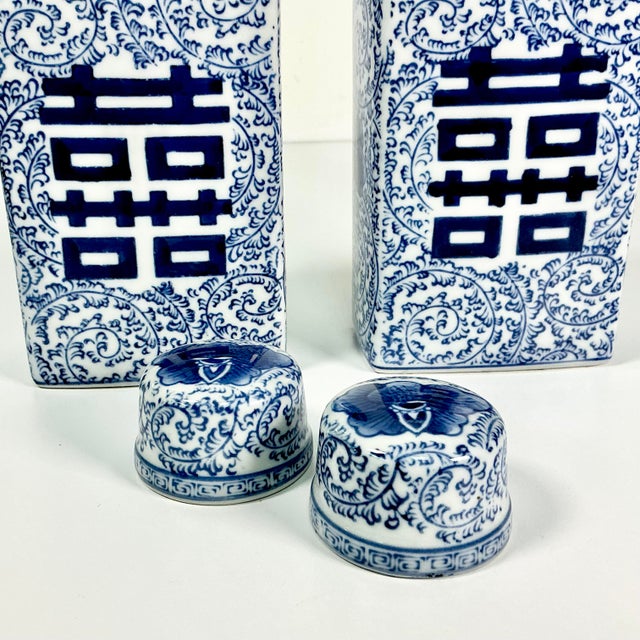 Mid-Century Boho Chic Chinoiserie Hollywood Regency Blue & White Square Happiness Ginger Jars - A Pair For Sale - Image 14 of 15