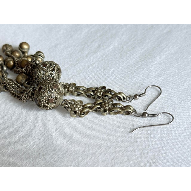 1990s Vintage 1990s Bohemian Silver Brass Tone Filigree Bell Drop Earrings, Pair For Sale - Image 5 of 8