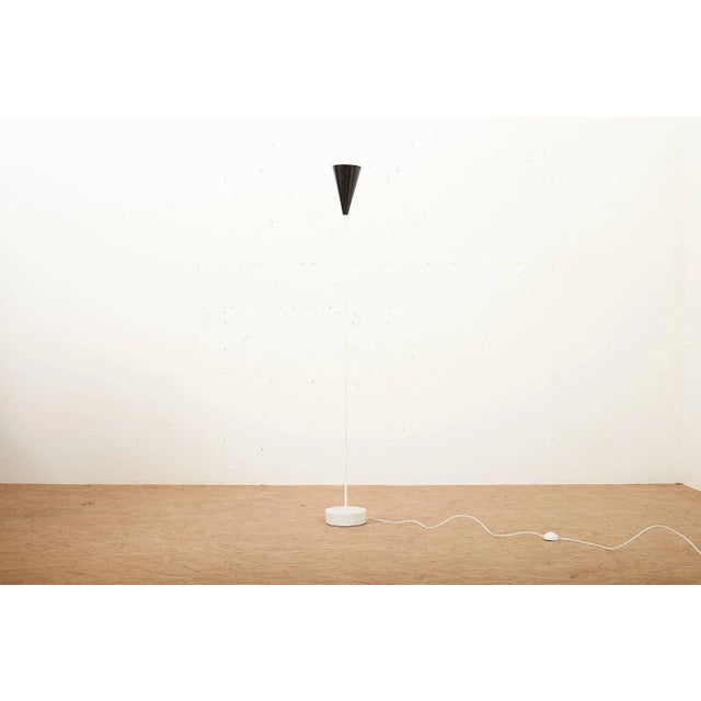 White Painted Steel Tube Floor Lamp with White Marble Base and Black Sheet Metal Shade For Sale - Image 9 of 12