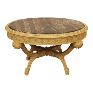 French Regency Style Vintage 1940 Round Marble Top Painted Coffee Table