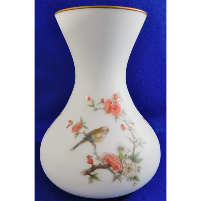 Large Vintage Pink & White Satin Glass Birds & Flowers Gold Trim Flower Vase For Sale In West Palm - Image 6 of 10