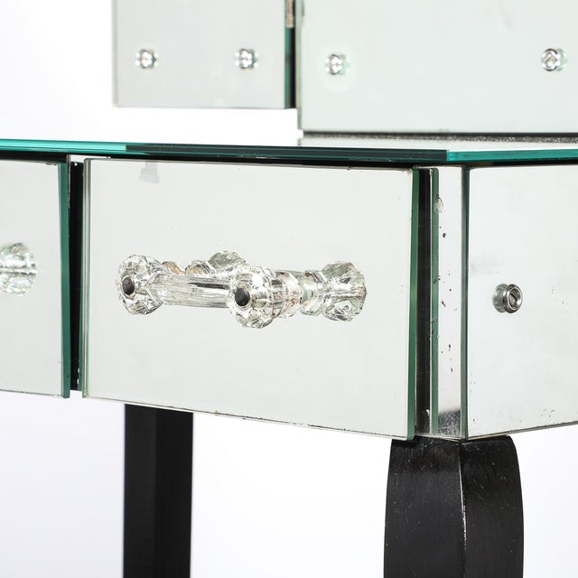 Art Deco Hollywood Mirrored Trifold Ebonized Cabriole Leg Vanity W/ Glass Pulls For Sale - Image 10 of 18