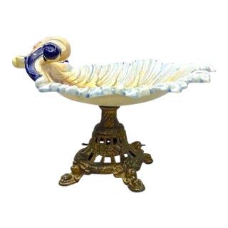 Antique Leaf Majolica & Brass Compote Dish For Sale