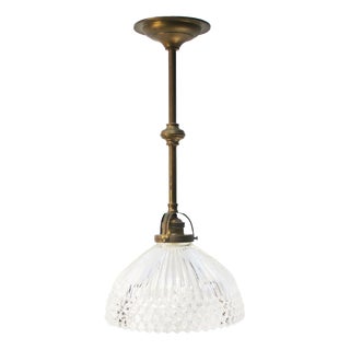 French Brass and Holophane Glass Pendant Light For Sale