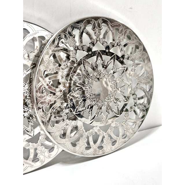 Mid-Century Modern 1960s Silver-Plated Pierced Sunburst Trivets – Pair For Sale - Image 3 of 5