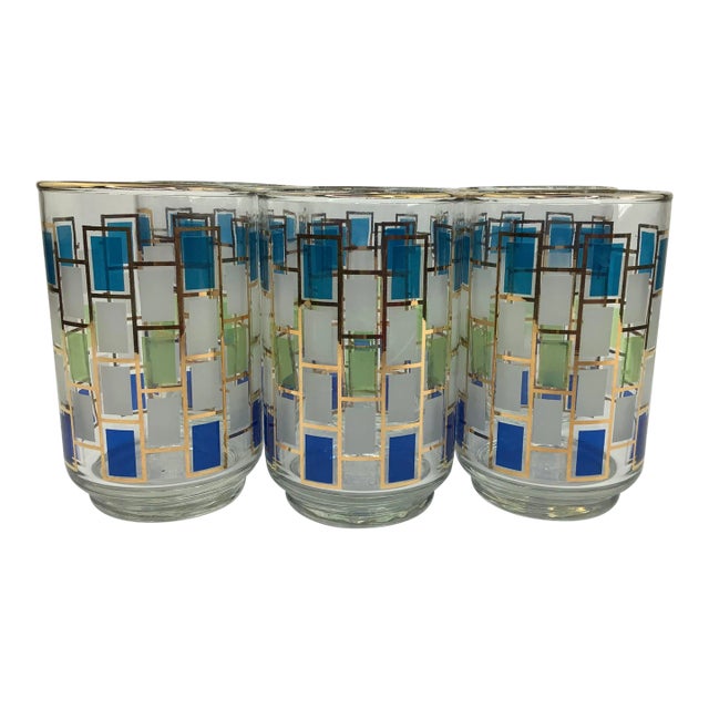 Vintage Libbey "Nordic" Tumblers With Blue and Gray Rectangles and Gold Decoration - Set of 6 For Sale