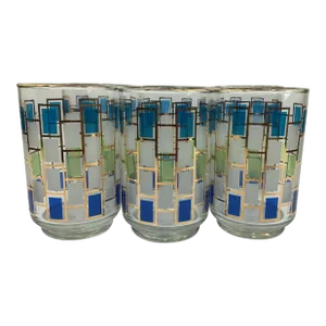 Vintage Libbey "Nordic" Tumblers With Blue and Gray Rectangles and Gold Decoration - Set of 6