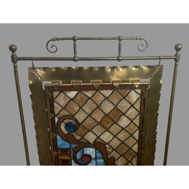 Antique Victorian Jeweled & Leaded Stained Glass Fireplace Screen For Sale - Image 6 of 11
