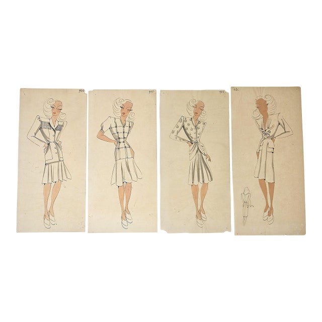 1940s=Set of 4-Original Mid-Century French Fashion Drawings on Vellum For Sale