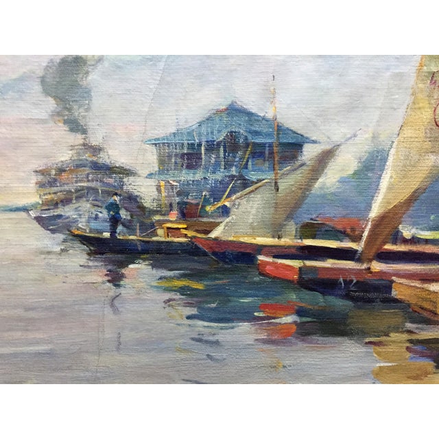 Blue 1960s Oil Painting Boat Port For Sale - Image 8 of 10