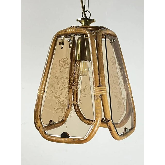 Bamboo and hand -engraved Murano glass chandelier, Italy, 1950s Purchased by my great -grandparents in Venice. Intact and...