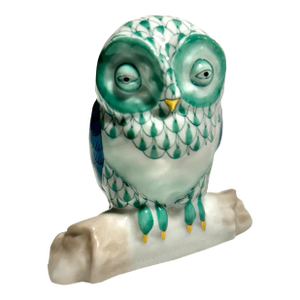 MCM Herend Fishnet Hungarian Porcelain Owl on Perch With 24k Gold Accents