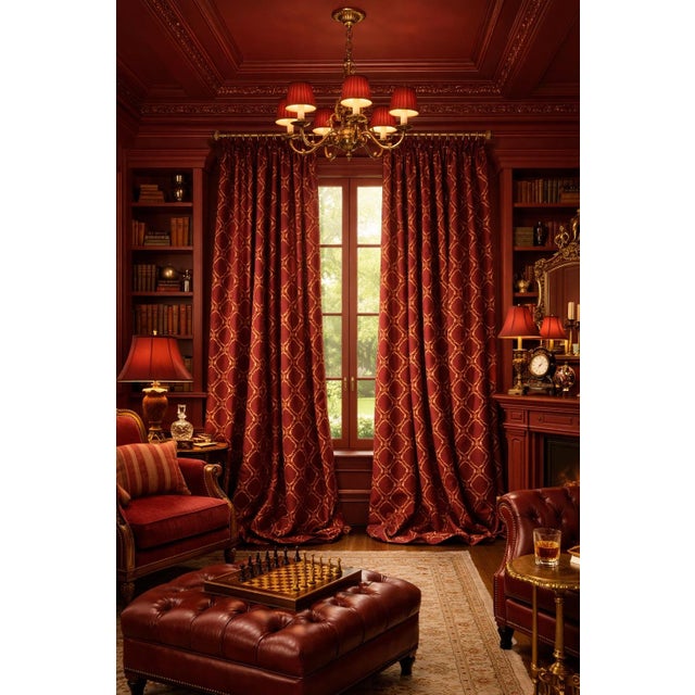 Rustic European Pair of Custom, High-End Designer-Grade Fabric Oxblood Drapery Panels / Curtains - Lined, Pinch Pleated and Heavily Gathered - Traditional Style For Sale - Image 3 of 9