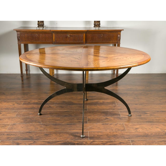 Wood French Dining Table with Round Parquetry Top circa 1900 and New Custom Iron Base For Sale - Image 7 of 7