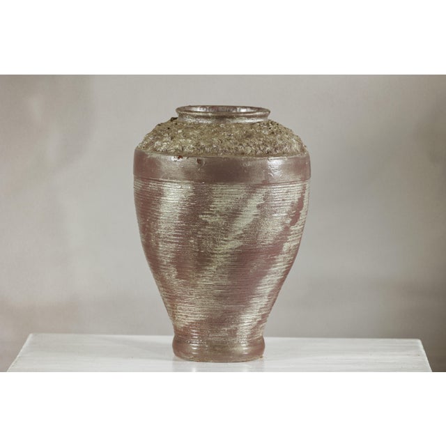 Artisan Ceramic Vase with Silvered Mauve Glaze and Textured Rim For Sale - Image 12 of 12