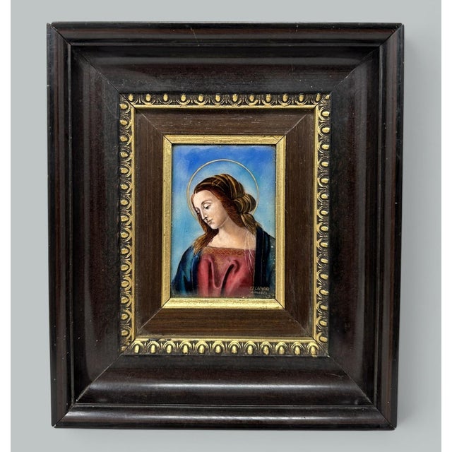 Religious Antique Vintage French Religious Enamel on Copper Virgin Mary Fj Carmona Limoges For Sale - Image 3 of 11