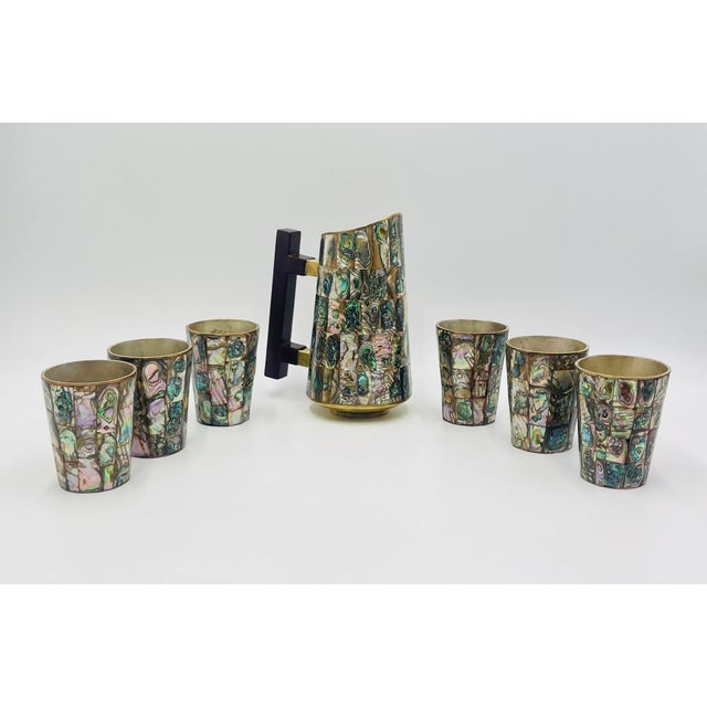 Mid-Century Modern 1960s Mid-Century Mexican Modern Abalone Mosaic Brass Barware Set, - Pitcher & 6 Glasses For Sale - Image 3 of 18