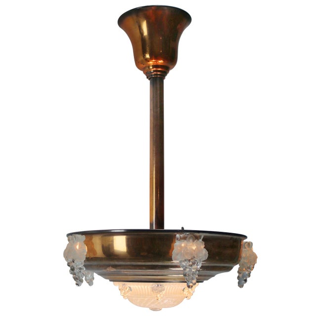 Art deco ceiling lamp. Brass fixture with grape clusters of clear pressed glass. Diameter ceiling rose 155 mm / 6.1” 3x...