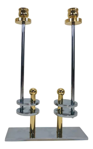 1980s Postmodern Memphis Art Deco Chrome & Gold Double Candle Holder Italy