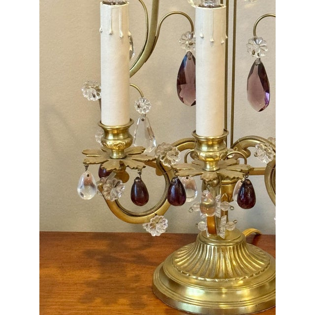 Pair Antique Bronze French Amethyst Crystal Candelabra Lamp Girandoles Lyre Back For Sale In San Francisco - Image 6 of 8