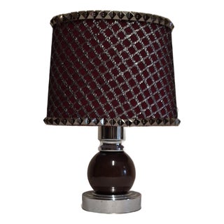 Vintage Table Lamp with Chrome-Plated Metal Base, Brown Ceramic Elements, and Fabric Shade, 1970s For Sale