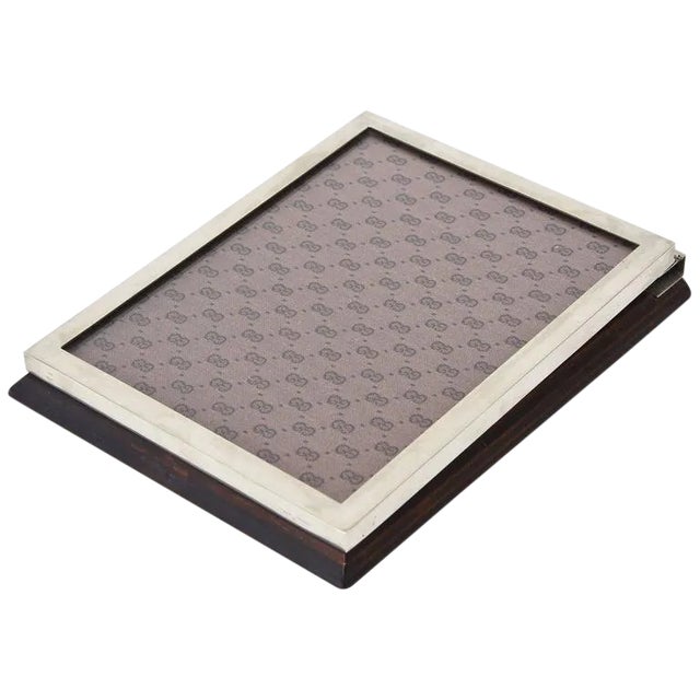 Vintage Gucci Signed Chrome, Fabric, Wood Note Pad Holder or Desk Accessory Italy 70's For Sale