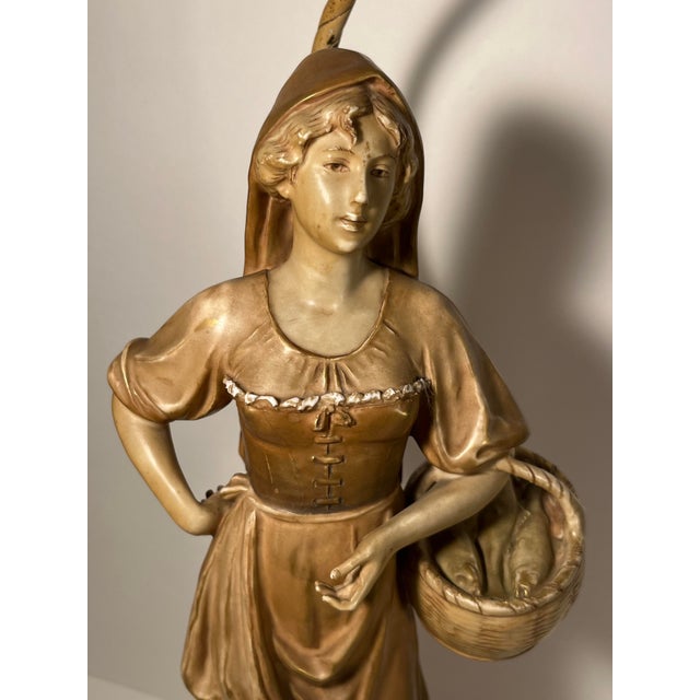 Victorian Antique C.1920s j.b. Hirsch Figural Porcelain Lady Lamp Wood Chalkware Base 39.5 For Sale - Image 3 of 12