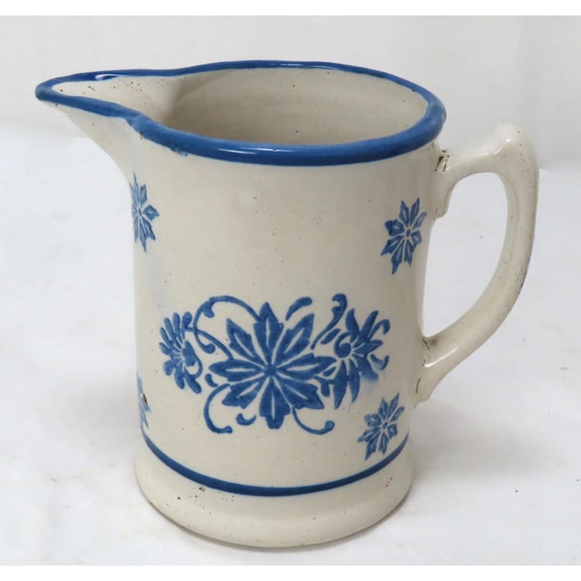 American Antique Late 19th Century American Blue Wildflower Pattern Decorated Stoneware Pitcher For Sale - Image 3 of 13