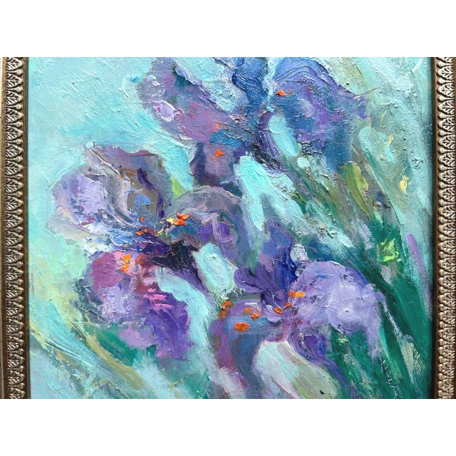 Contemporary Framed Flower Blue-Violet Irises Original Painting by Artist Valeriya Serova For Sale - Image 3 of 11