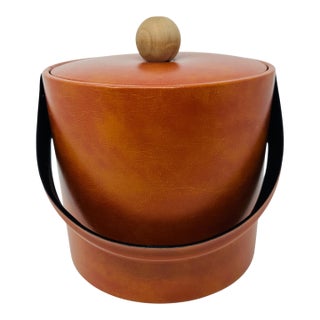 Vintage Georges Briard Ice Bucket | Burnt Orange Cinnamon Faux Leather Vinyl Signed MCM Bar Decor | Wooden Knob Lid For Sale