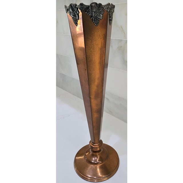 Early 20th Century Antique Art Deco Sheffield Silver Co Copper Trumpet Bud Vase With Grape Motif Rim For Sale - Image 5 of 8