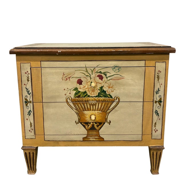 Vintage Hand-Painted Neoclassical Floral Urn Two-Drawer Accent Chest For Sale - Image 4 of 12