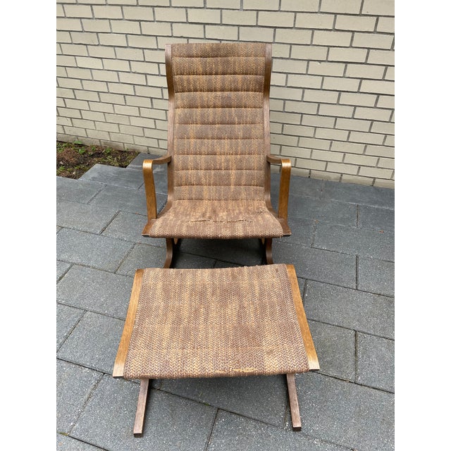 Bentwood rocker and matching ottoman in original cloth fabric by the famed Mitsumasa Sugasawa (Designer) for Tendo Mokko....