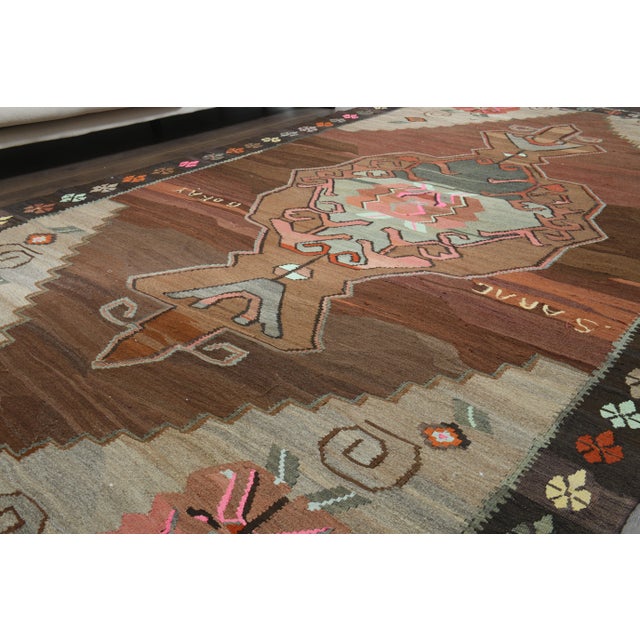 1970s Vintage Turkish Oushak Handmade Wool Cotton Brown Area Rug For Sale - Image 11 of 11